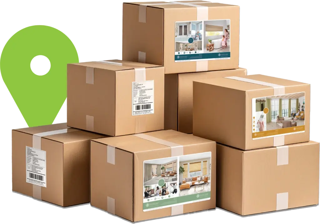 location pin behind stacks of boxes